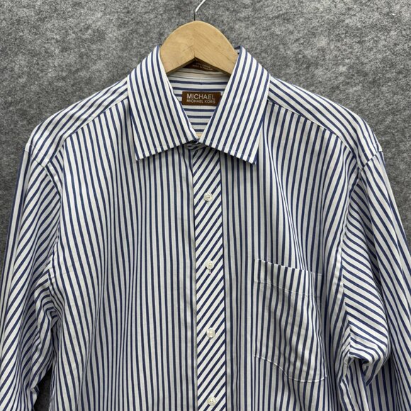Michael Kors Men's Button Up Dress Shirt 16.5 32/33 Large 100% Cotton Blue White - Picture 2 of 10